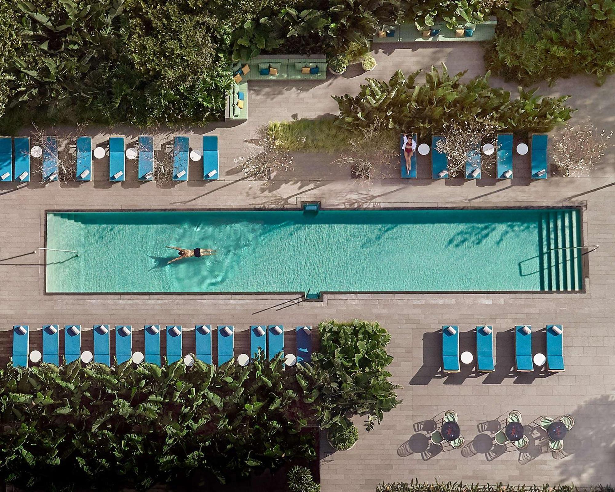 Grand Hyatt Barcelona Ξενοδοχείο Εξωτερικό φωτογραφία The photo shows an aerial view of a swimming pool surrounded by lush greenery and lounge chairs. The pool is long and narrow, with a person swimming in it. On either side of the pool, there are several blue lounge chairs arranged neatly. The area is 